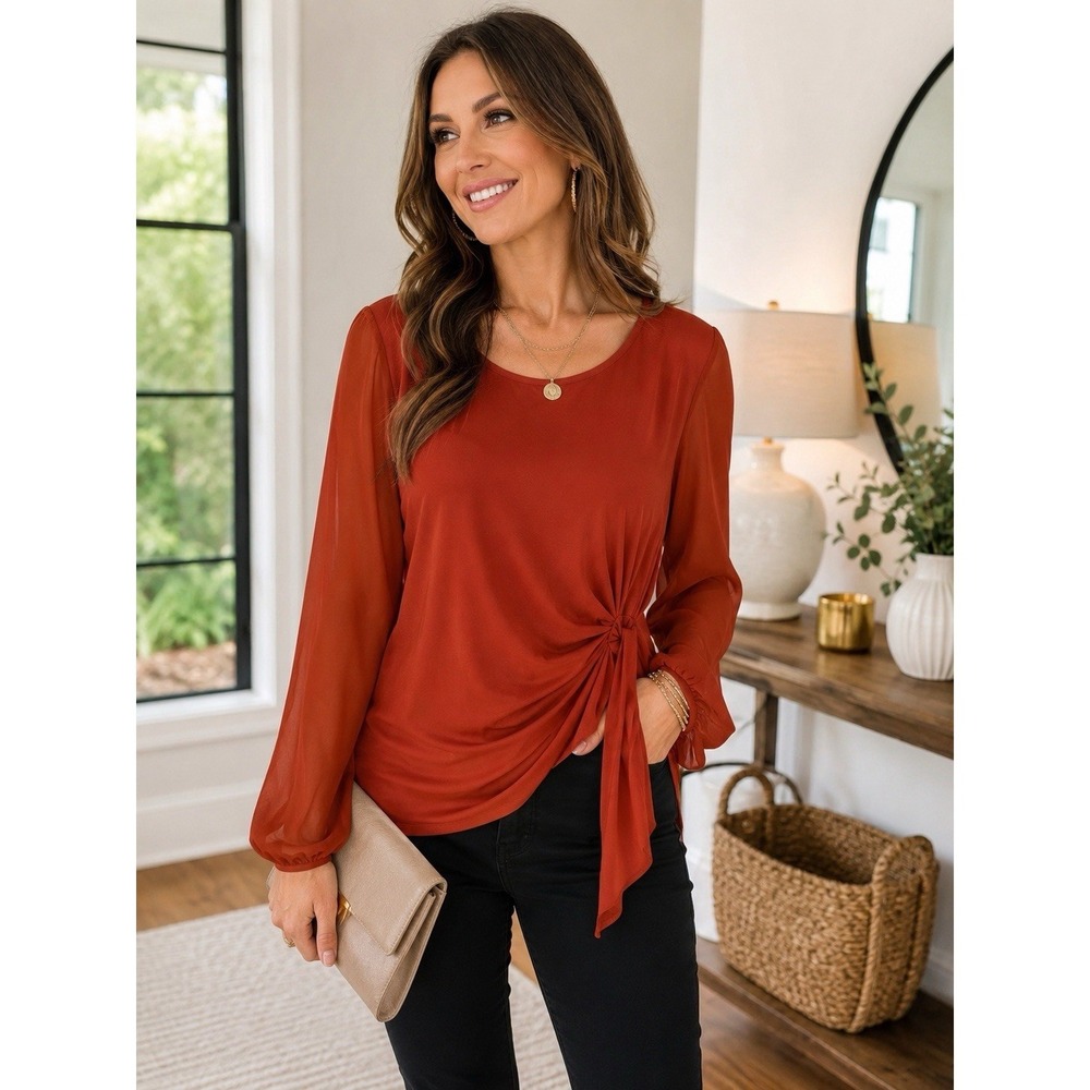 Coco Bianco Blouse Women's Rust Side Tie Ruched Long Sheer Sleeve Stretch Top‎